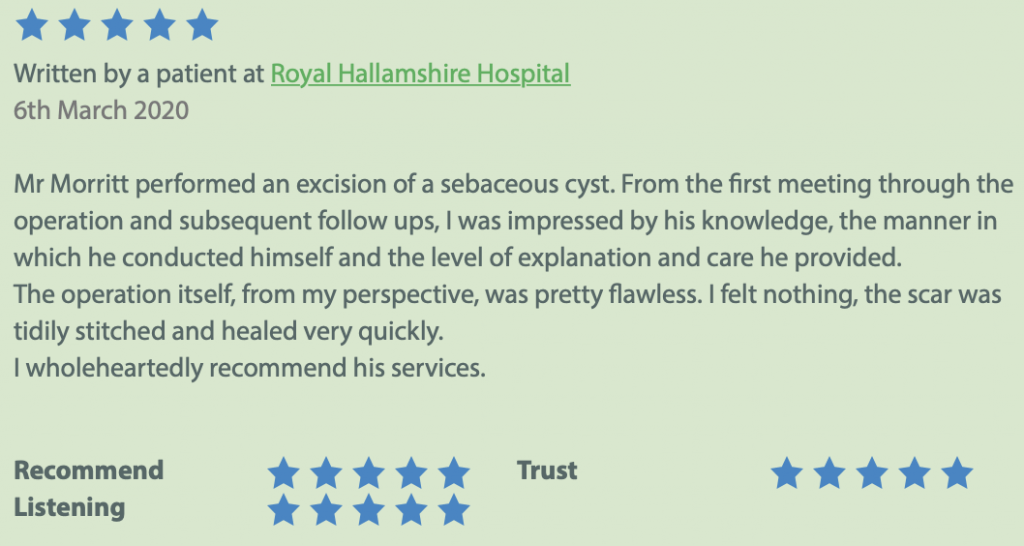 Image of top rated review patient who had sebaceous cyst removed mr morritt sheffield