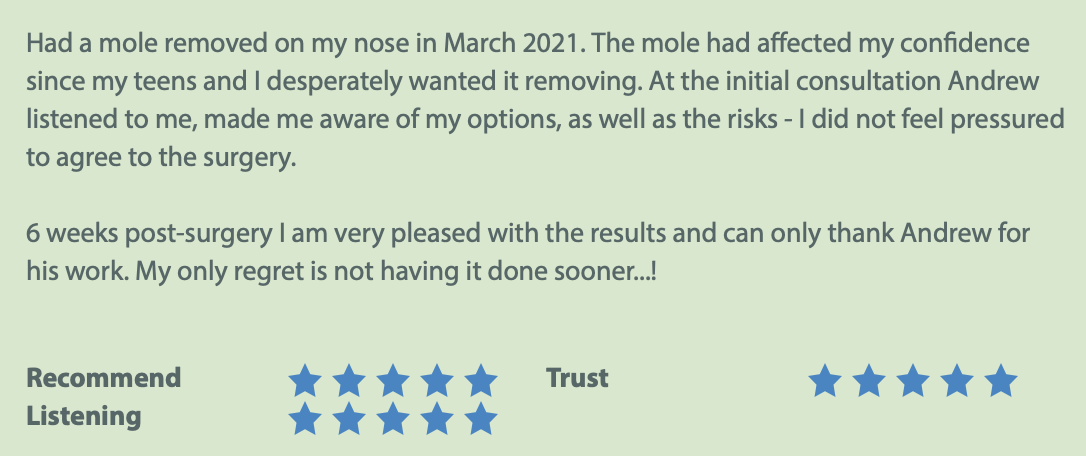 screenshot showing top rated review from patient who had mole removal by Mr Morritt Plastic Surgeon Sheffield