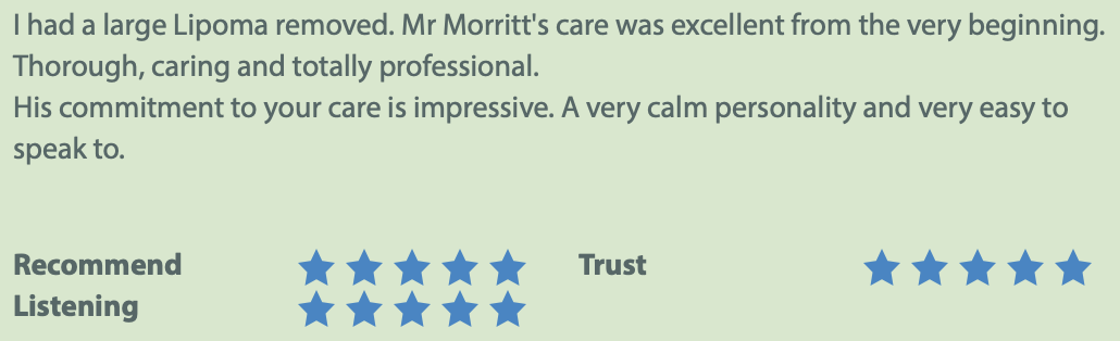toprated review by patient who had lipoma lump surgery with Mr Morritt Plastic Surgeon Sheffield