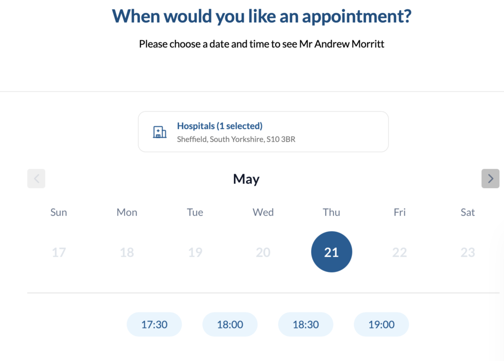 Online booking Thornbury Hospital - Mr Morritt 
